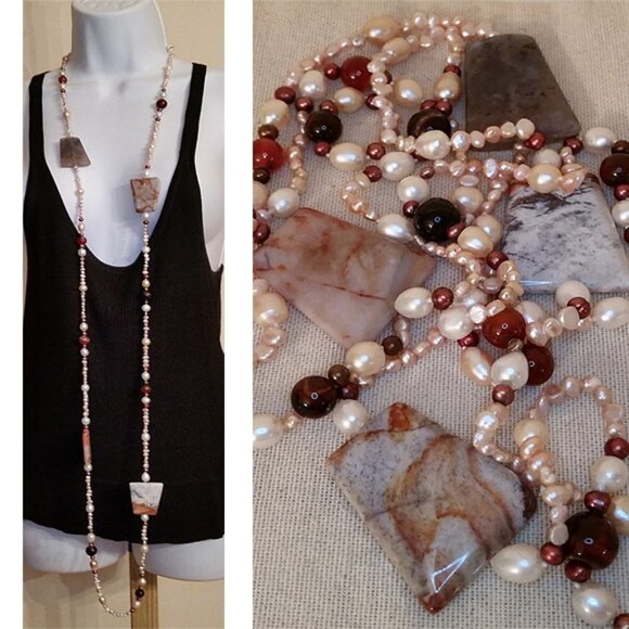 Long Freshwater Pearl Necklace With Chunky Stone/gemstones Beads Unique - Picture 1 of 6